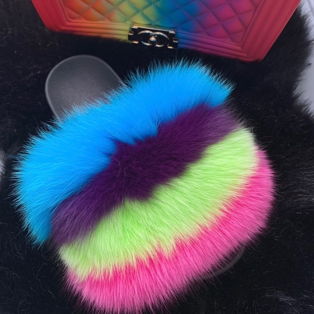 Charlotte Colorful Real Fur Slides Sizes 5.5-8.5 - image 1